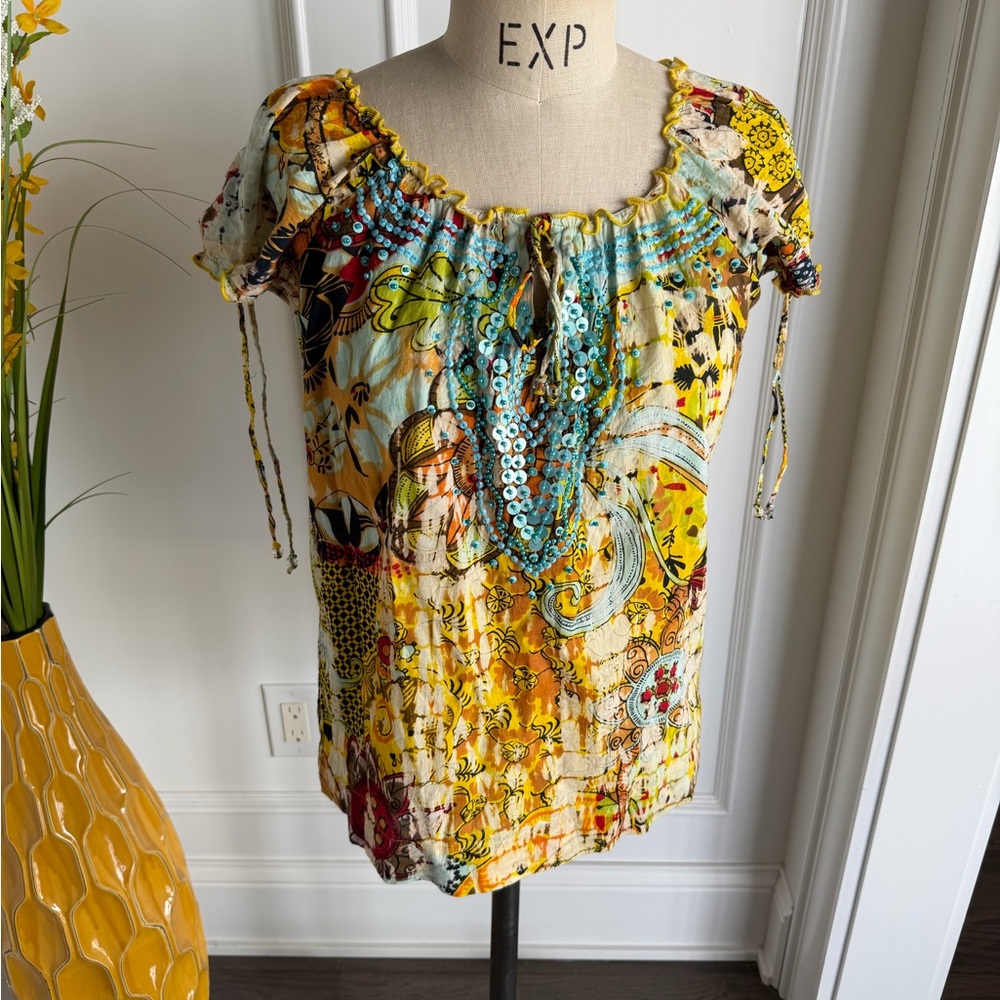 Chaudry KC Embellished Yellow Multi Floral Peasant Boho Blouse